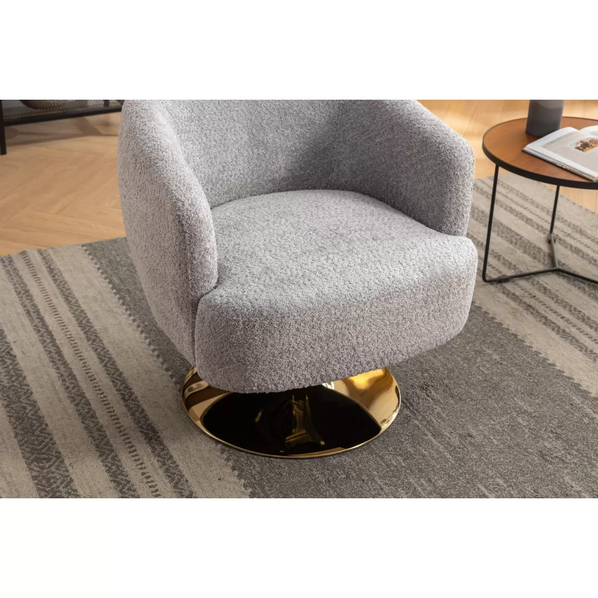 048-Chenille Fabric Accent Swivel Chair With Gold Metal Round Base,Light Gray