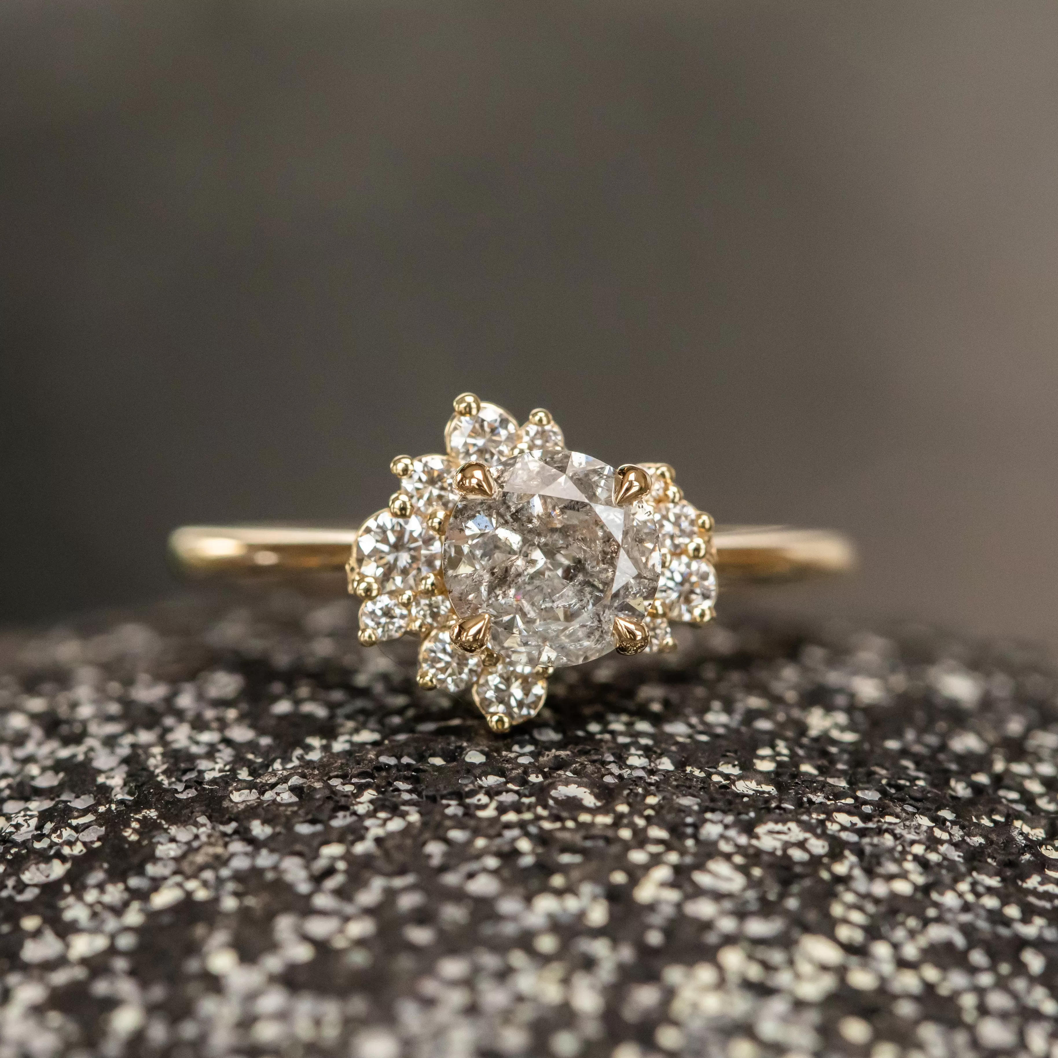 1.16ct Round Salt And Pepper Diamond Asymmetrical Cluster Ring In 14k Yellow Gold