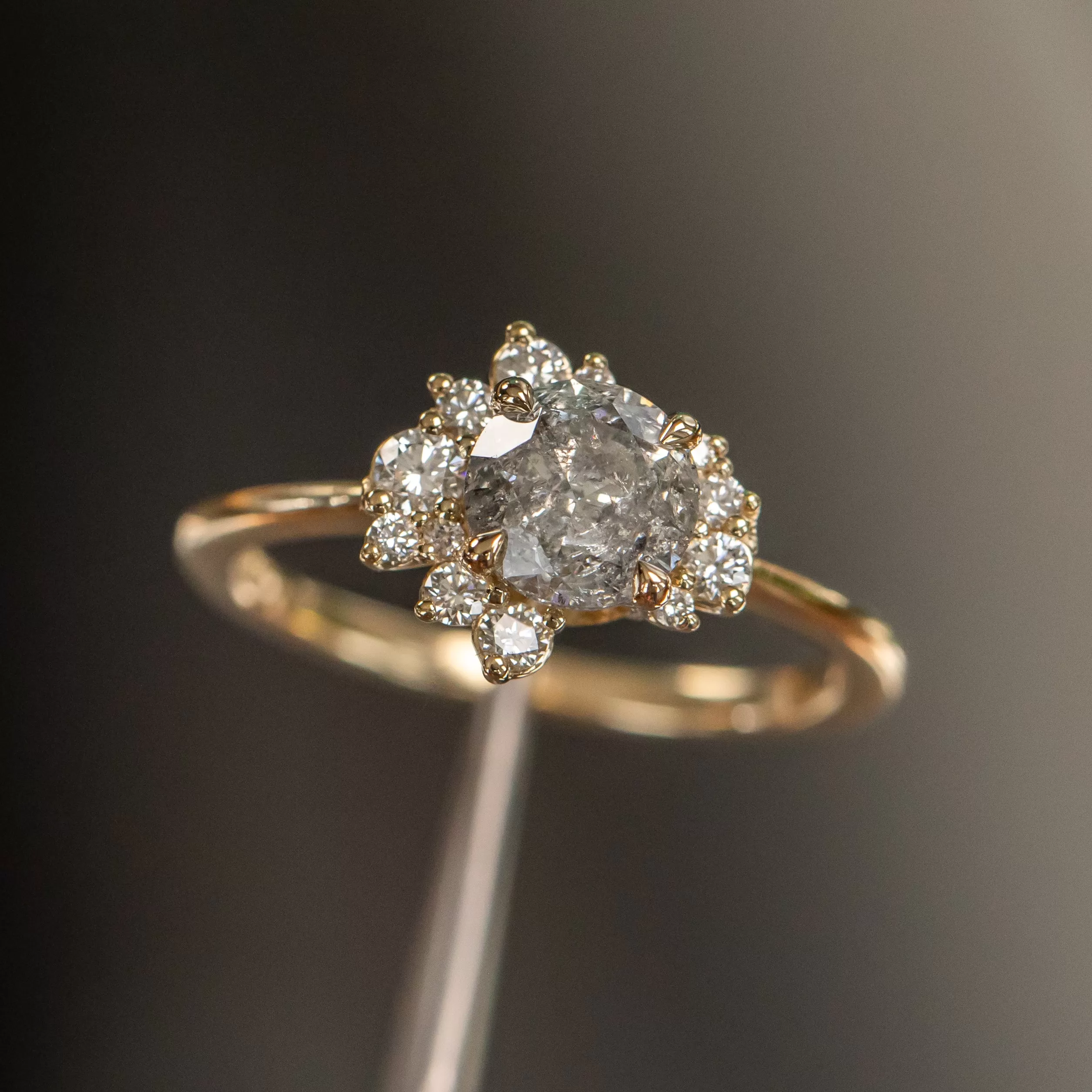 1.16ct Round Salt And Pepper Diamond Asymmetrical Cluster Ring In 14k Yellow Gold