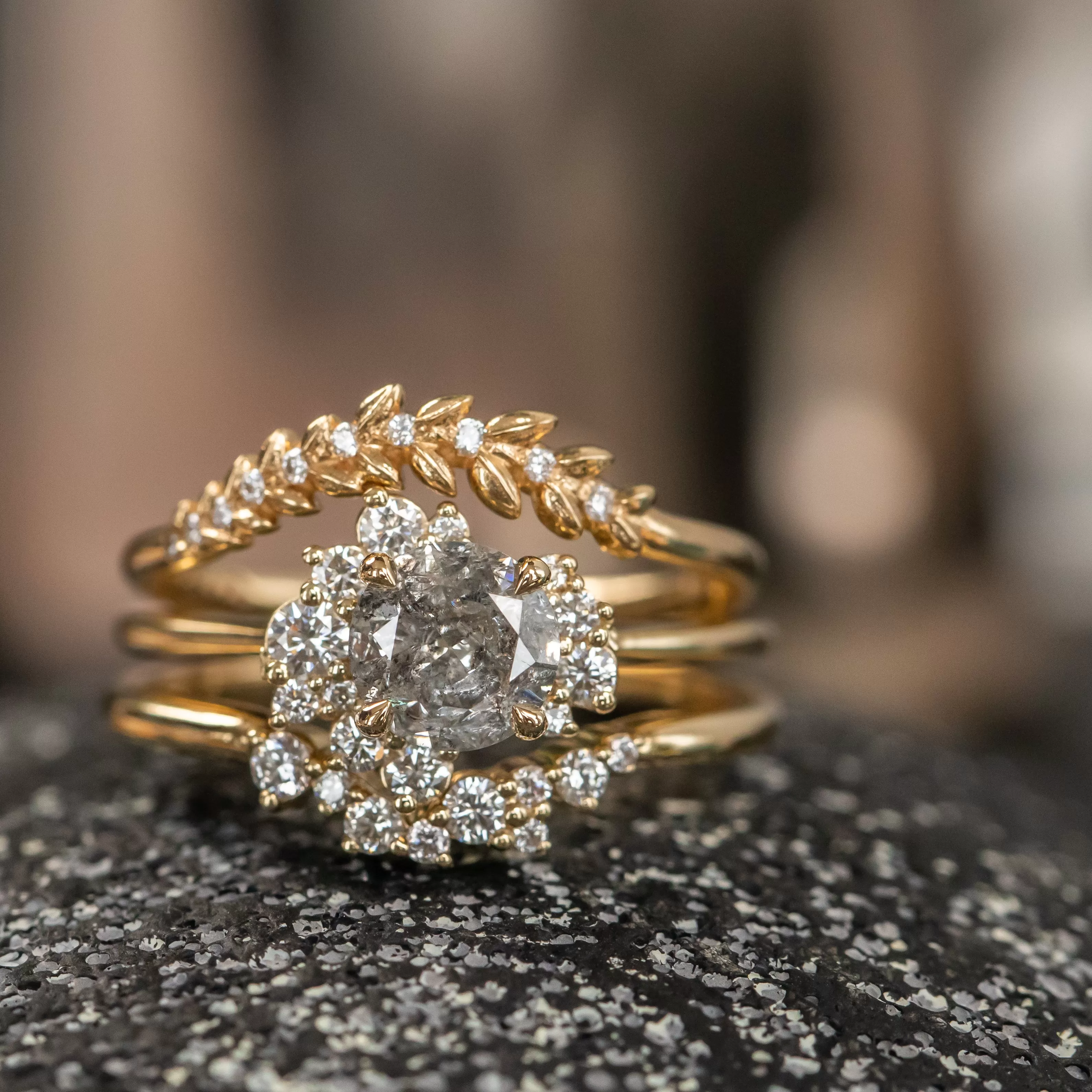 1.16ct Round Salt And Pepper Diamond Asymmetrical Cluster Ring In 14k Yellow Gold