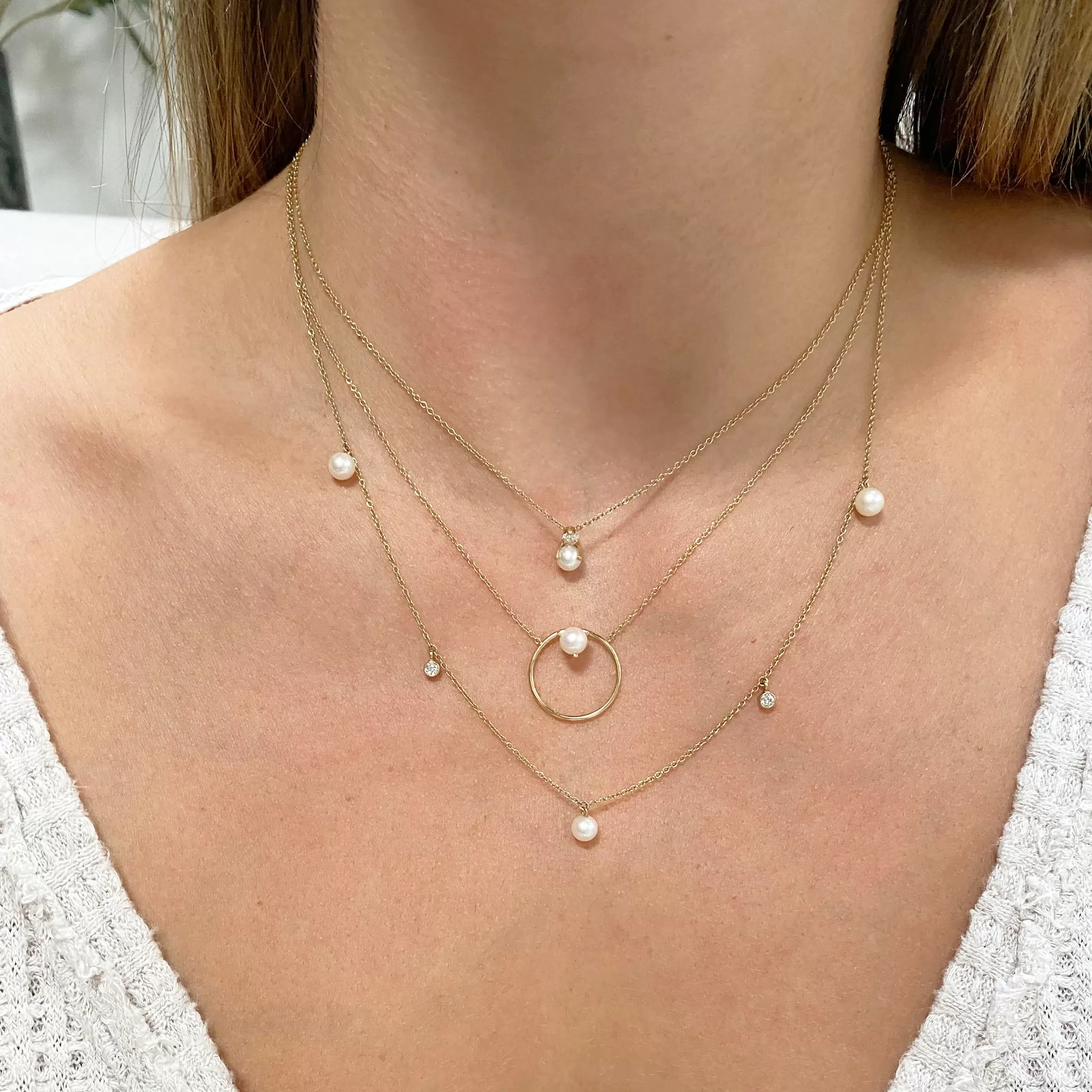 14k Stacked Pearl & Diamond Pendant Necklace