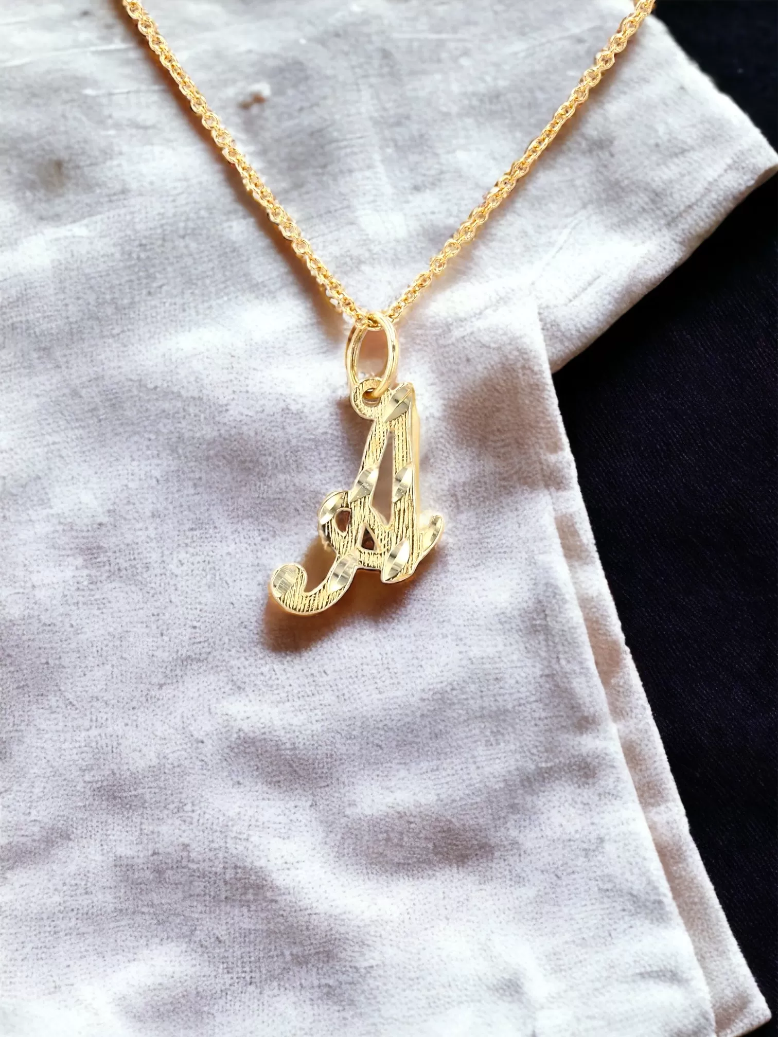 14K Yellow gold letter A diamond cut necklace