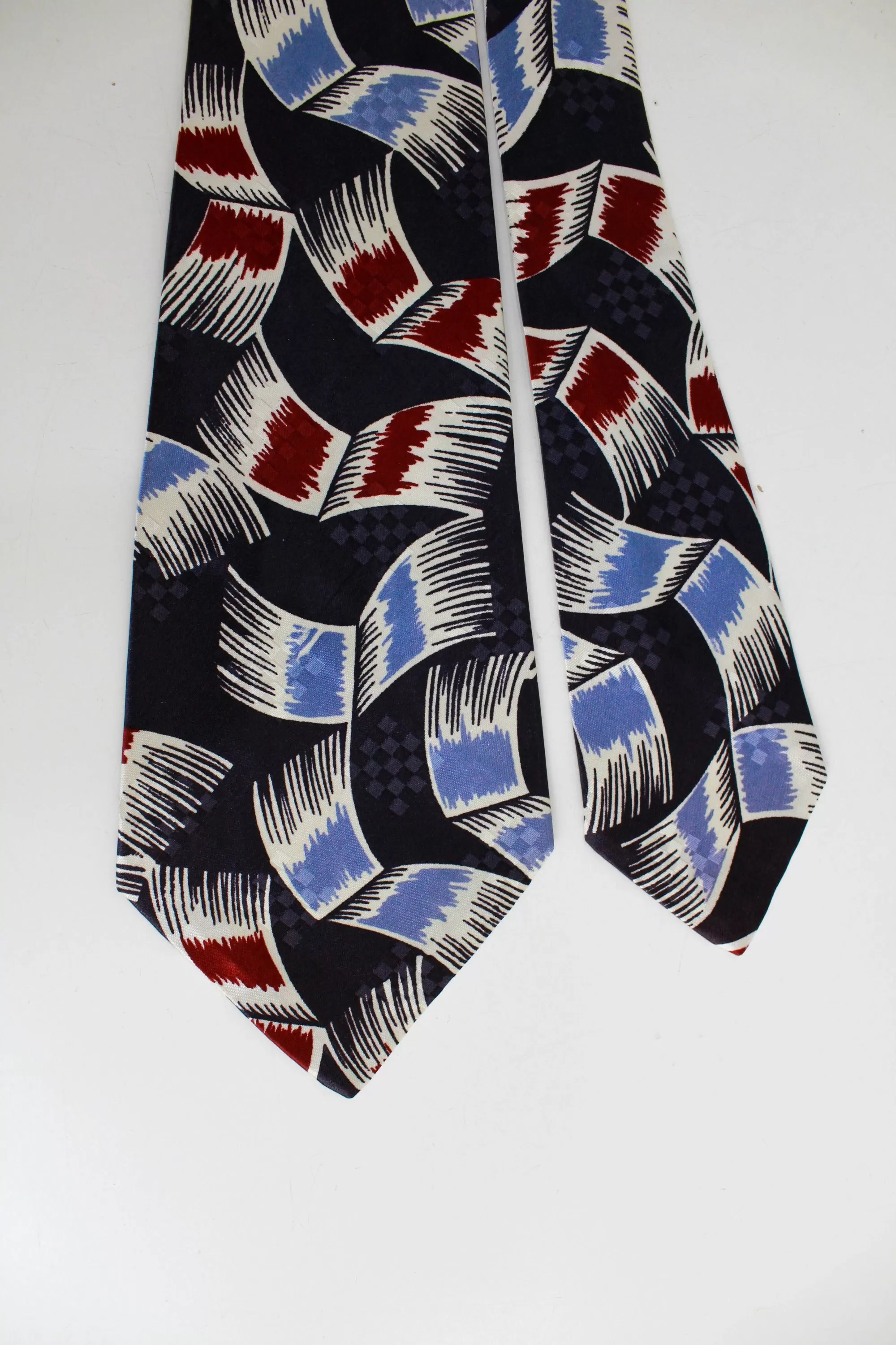 1940s Wide Swing Tie, Navy and Red Abstract Print Rayon