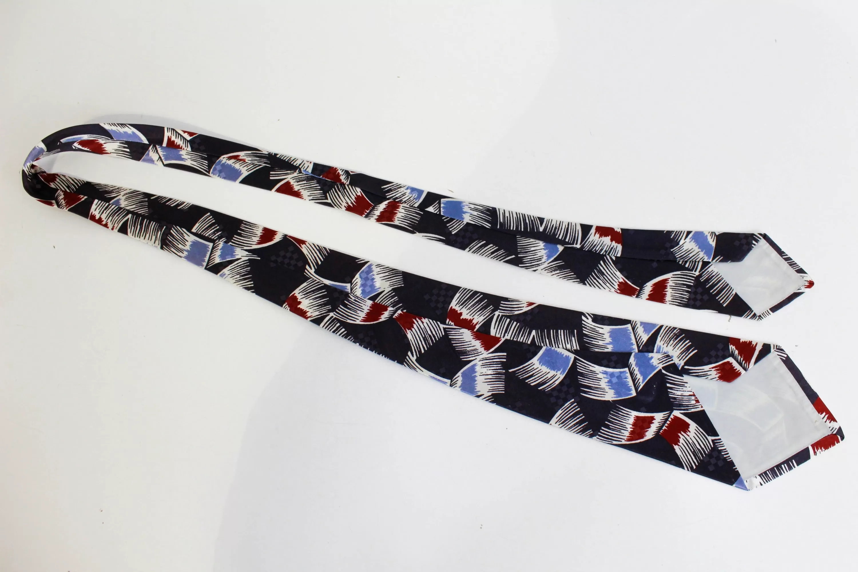 1940s Wide Swing Tie, Navy and Red Abstract Print Rayon