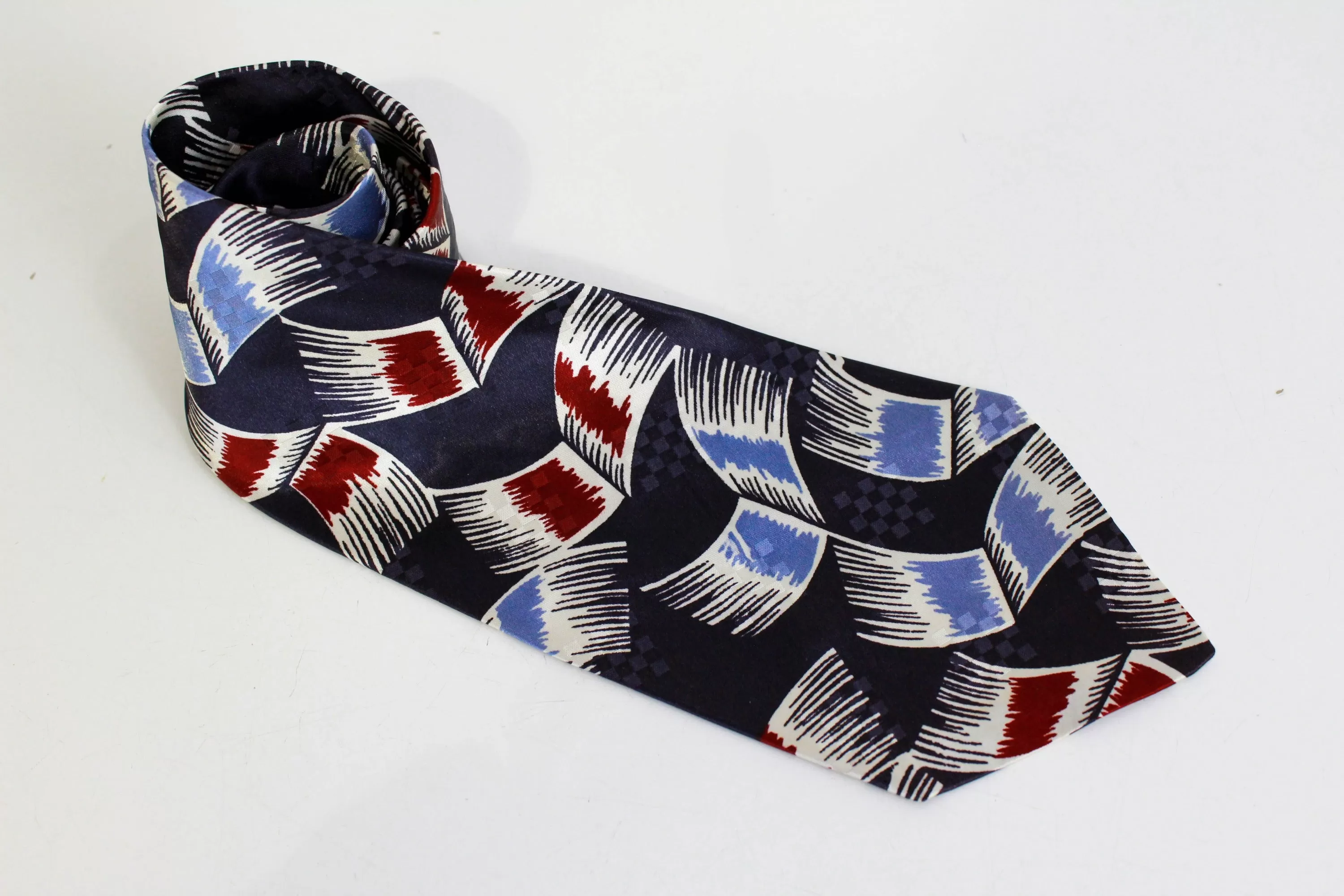 1940s Wide Swing Tie, Navy and Red Abstract Print Rayon