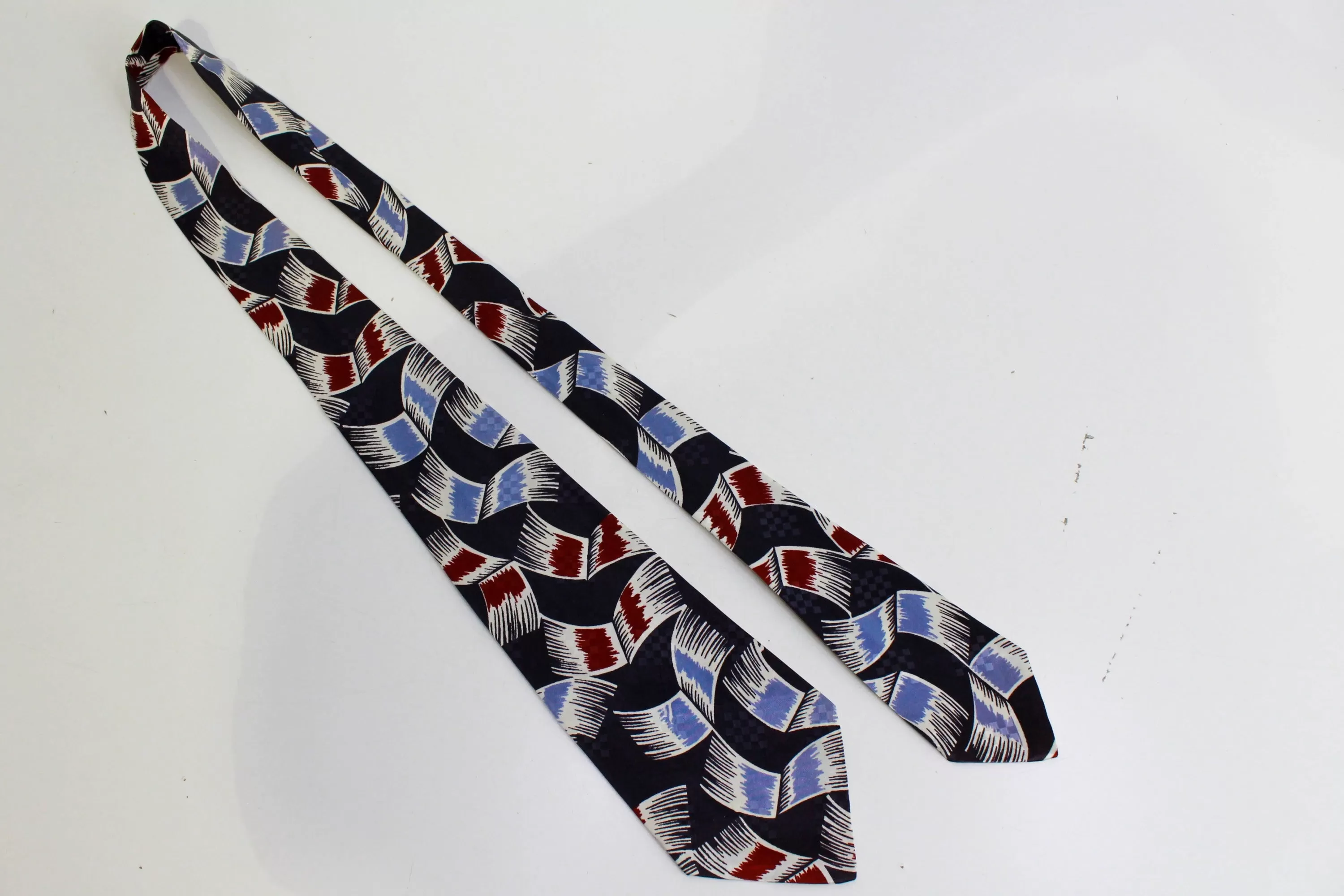 1940s Wide Swing Tie, Navy and Red Abstract Print Rayon