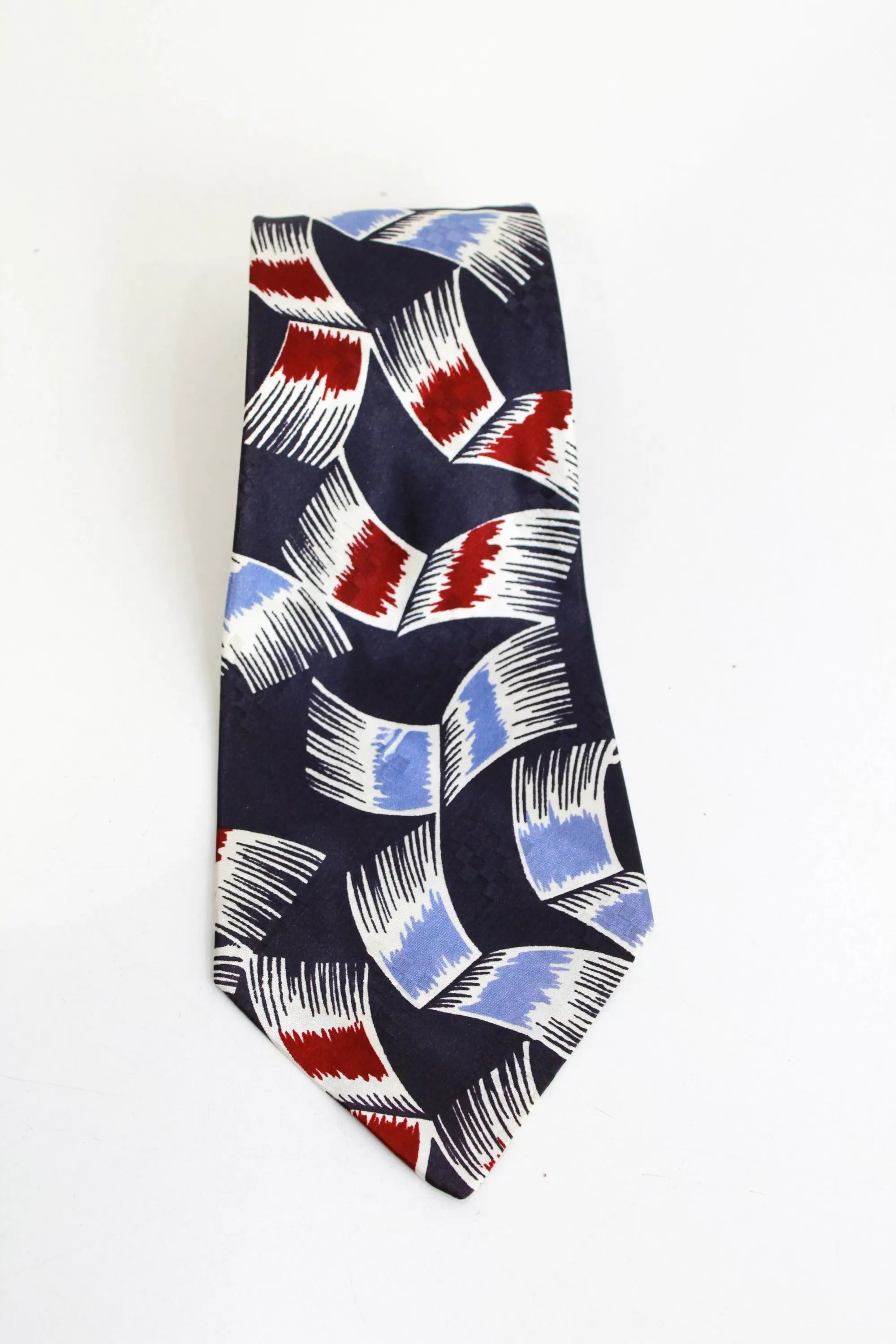 1940s Wide Swing Tie, Navy and Red Abstract Print Rayon