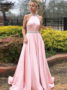 2019 Halter Beads Open Back A Line Sweep Train Satin Evening Party Special Prom Dress