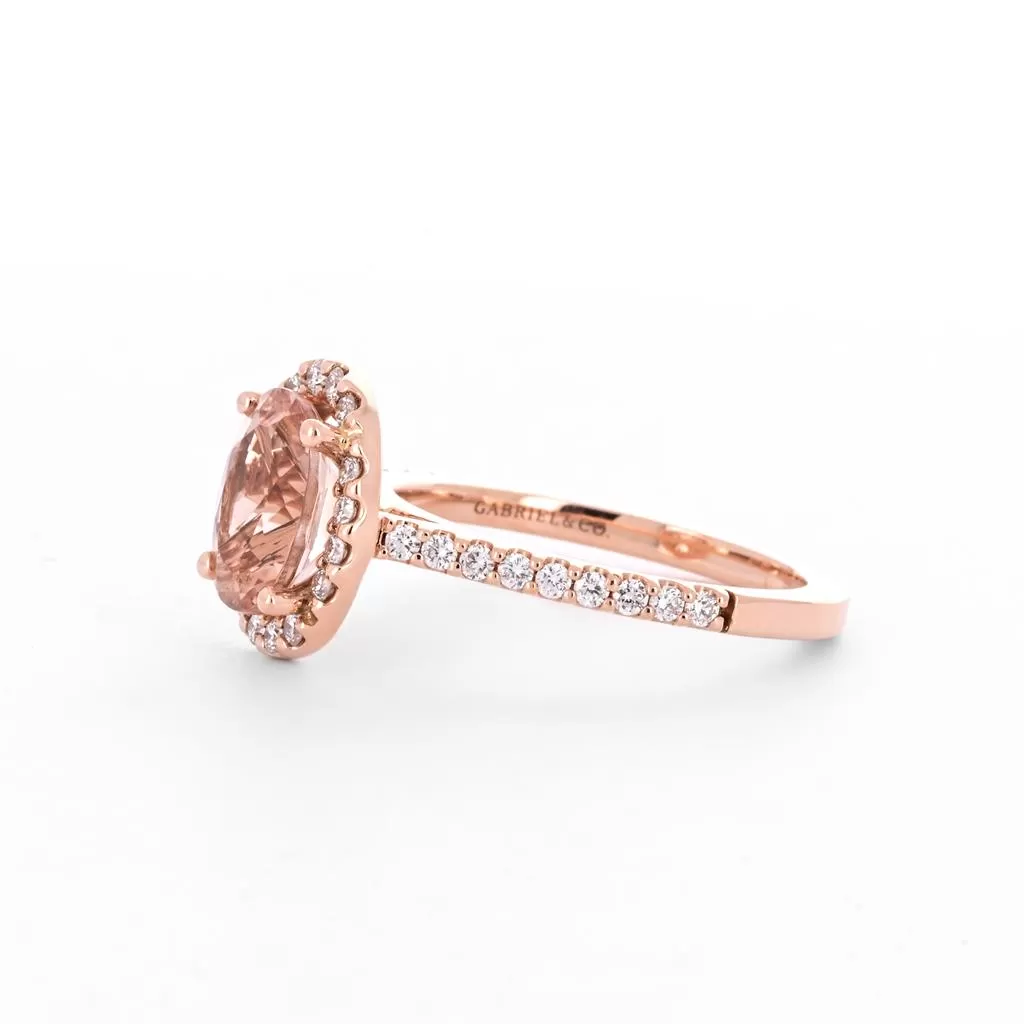 2.02tw Oval Morganite   Diamond Engagement Ring, Halo, Pavê Band - 14K Rose Gold