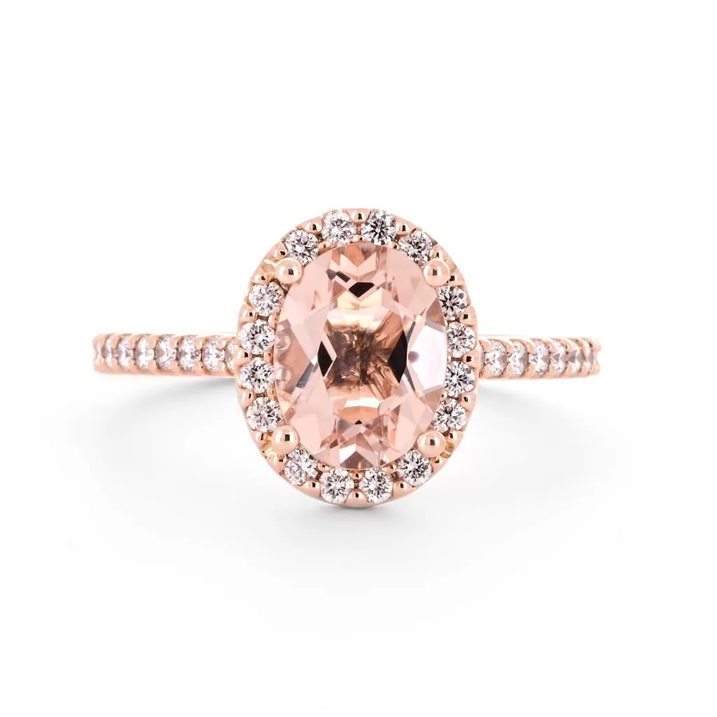 2.02tw Oval Morganite   Diamond Engagement Ring, Halo, Pavê Band - 14K Rose Gold