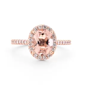 2.02tw Oval Morganite   Diamond Engagement Ring, Halo, Pavê Band - 14K Rose Gold