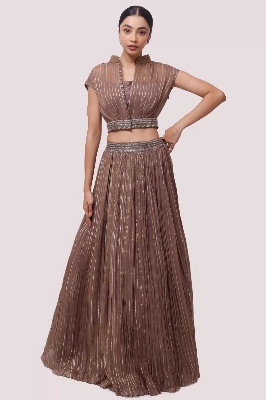 30Z354-RO Brown Embroidered Organza Skirt Set