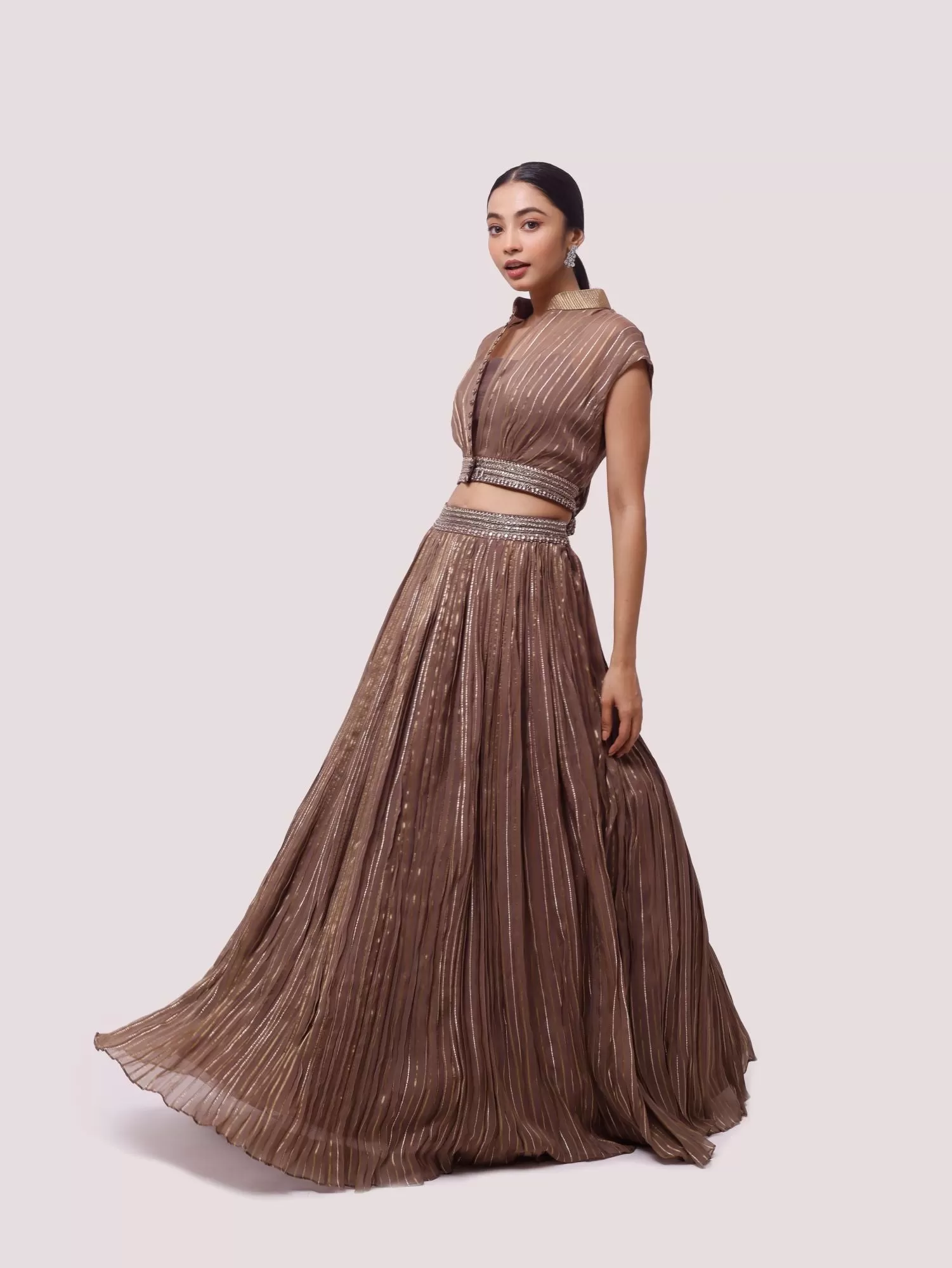 30Z354-RO Brown Embroidered Organza Skirt Set