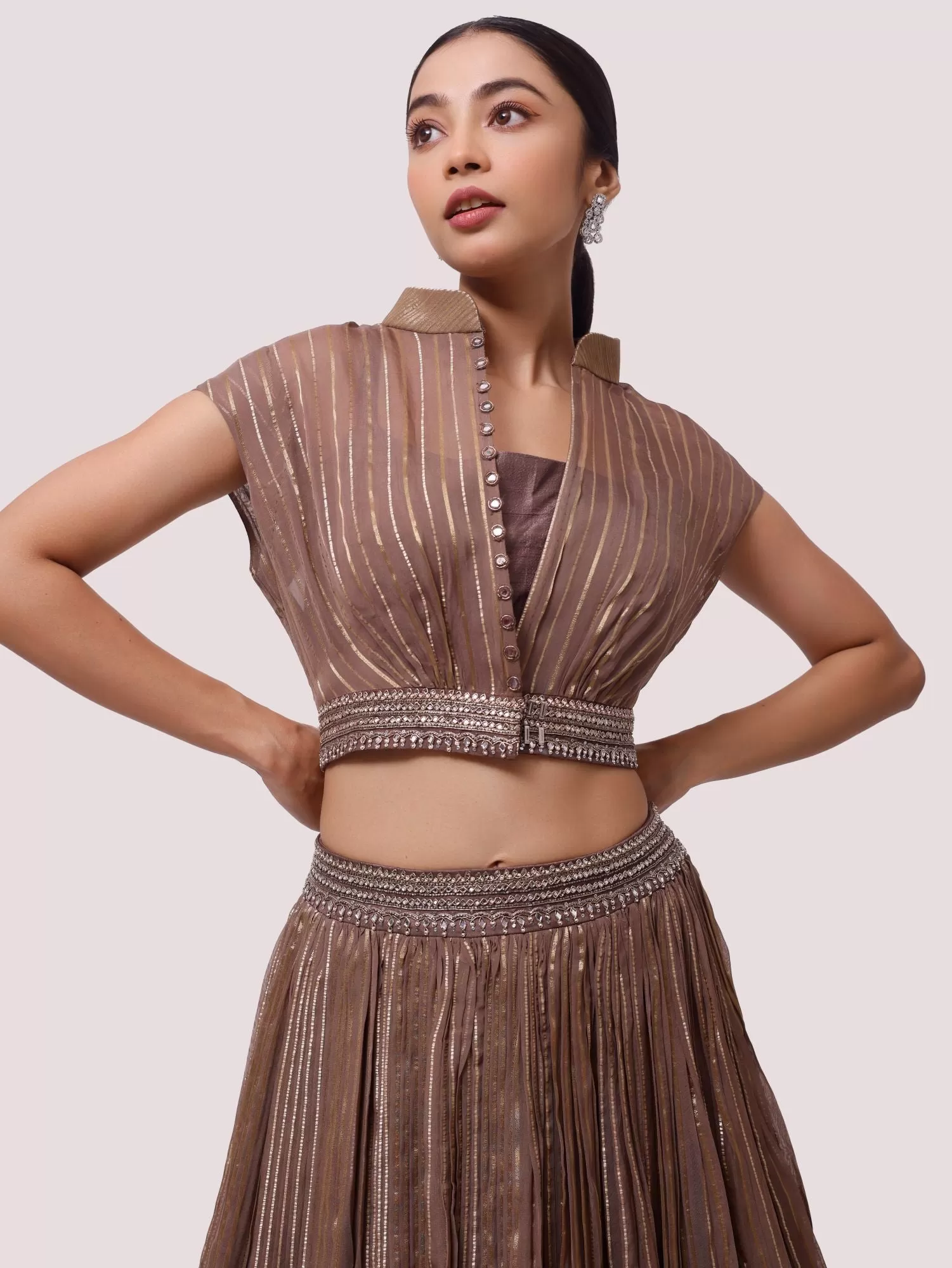 30Z354-RO Brown Embroidered Organza Skirt Set