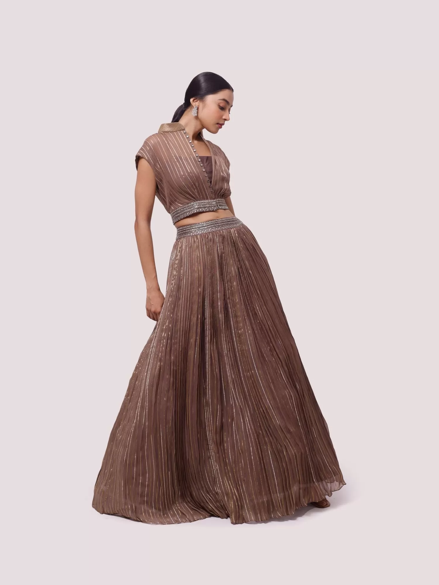 30Z354-RO Brown Embroidered Organza Skirt Set