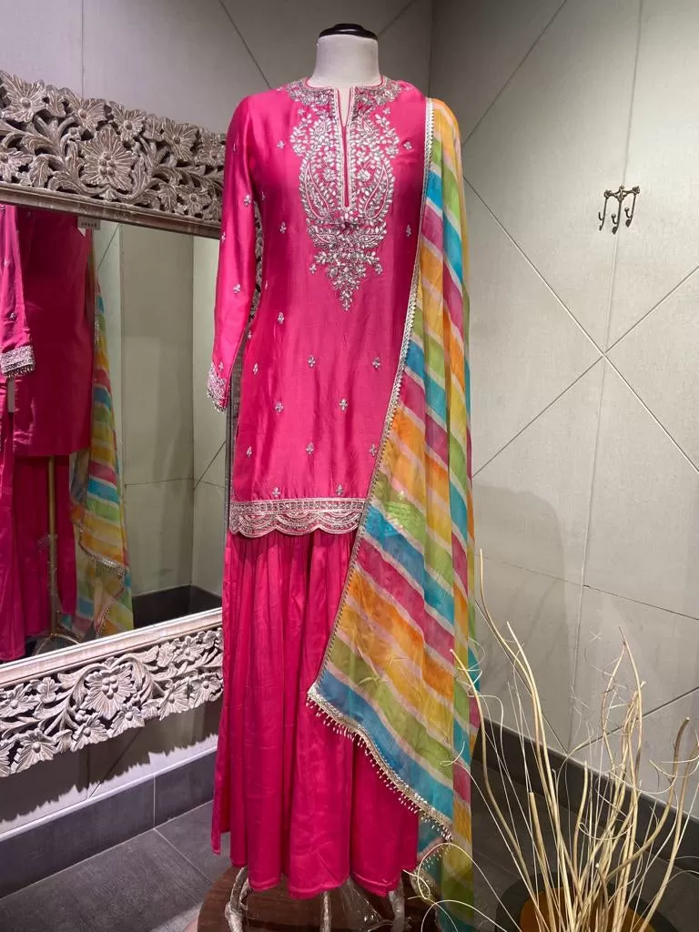 510077 Pink Crepe Silk Sharara Suit with Multicolor Dupatta