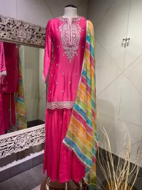 510077 Pink Crepe Silk Sharara Suit with Multicolor Dupatta