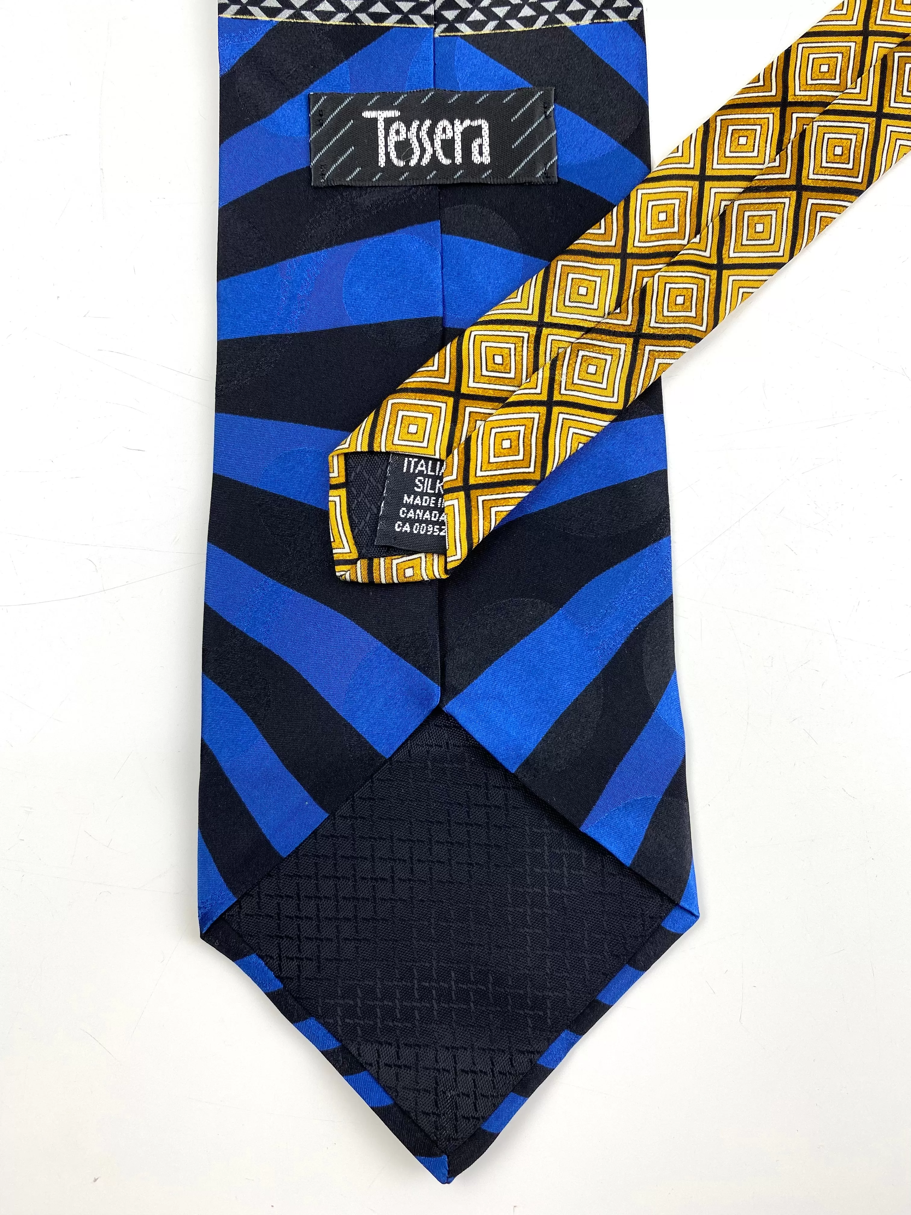 90s Deadstock Silk Necktie, Men's Vintage Blue/ Gold Art Deco Print Tie, NOS