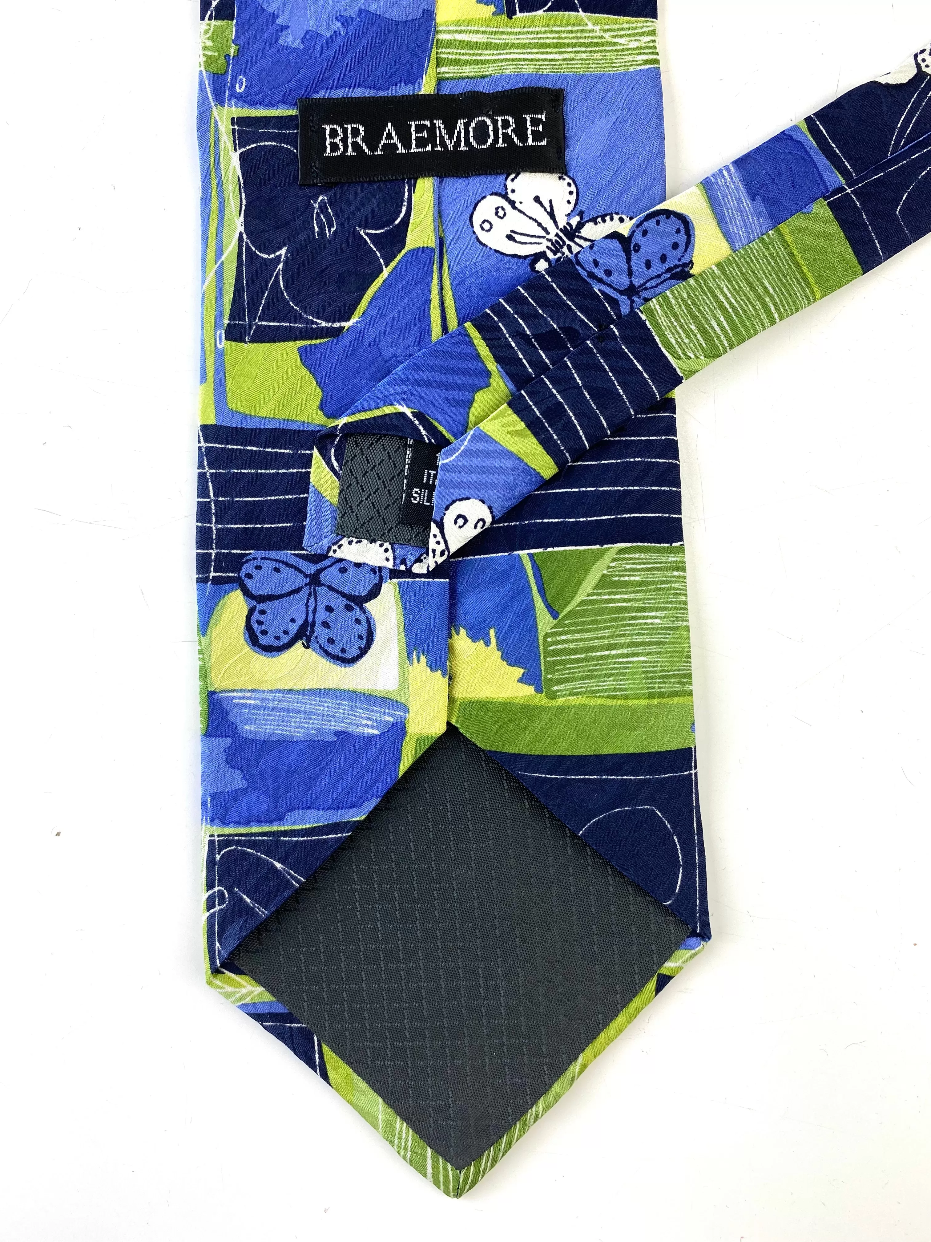 90s Deadstock Silk Necktie, Men's Vintage Blue Green Abstract Floral Butterfly Pattern, NOS