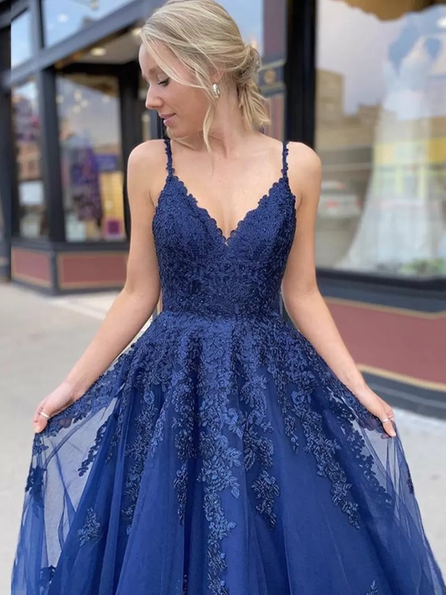 A Line V Neck Backless Navy Blue Lace Prom Dresses 2020, Backless Navy Blue Lace Formal Dresses, Navy Blue Lace Evening Dresses