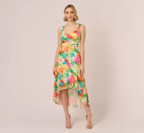 Abstract Floral Print High Low Dress With Flounce Skirt In Green Multi