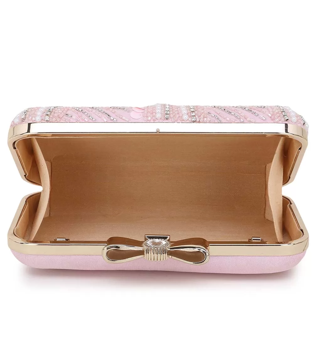 Adorn Baby Pink & White Embellished Faux Silk Clutch