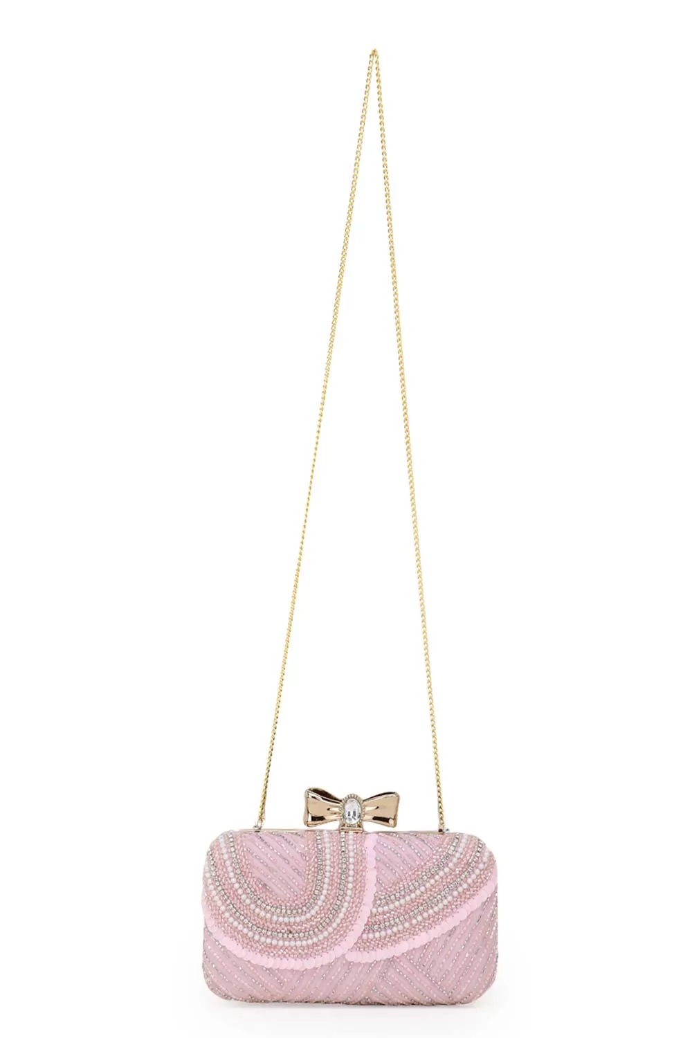 Adorn Baby Pink & White Embellished Faux Silk Clutch