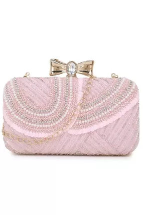 Adorn Baby Pink & White Embellished Faux Silk Clutch