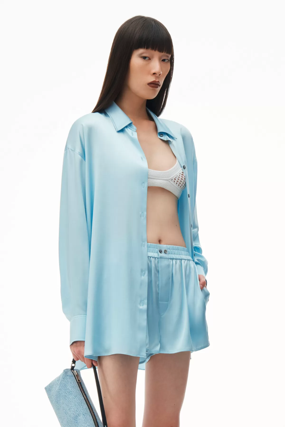 Alexander Wang Oversized Silk Shirt with Logo Cut Out -Shine Blue