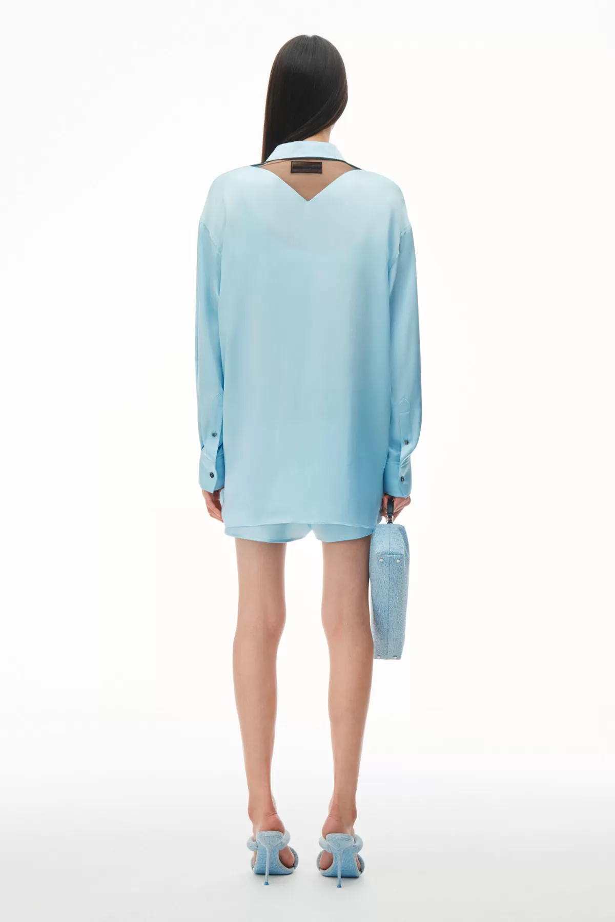 Alexander Wang Oversized Silk Shirt with Logo Cut Out -Shine Blue