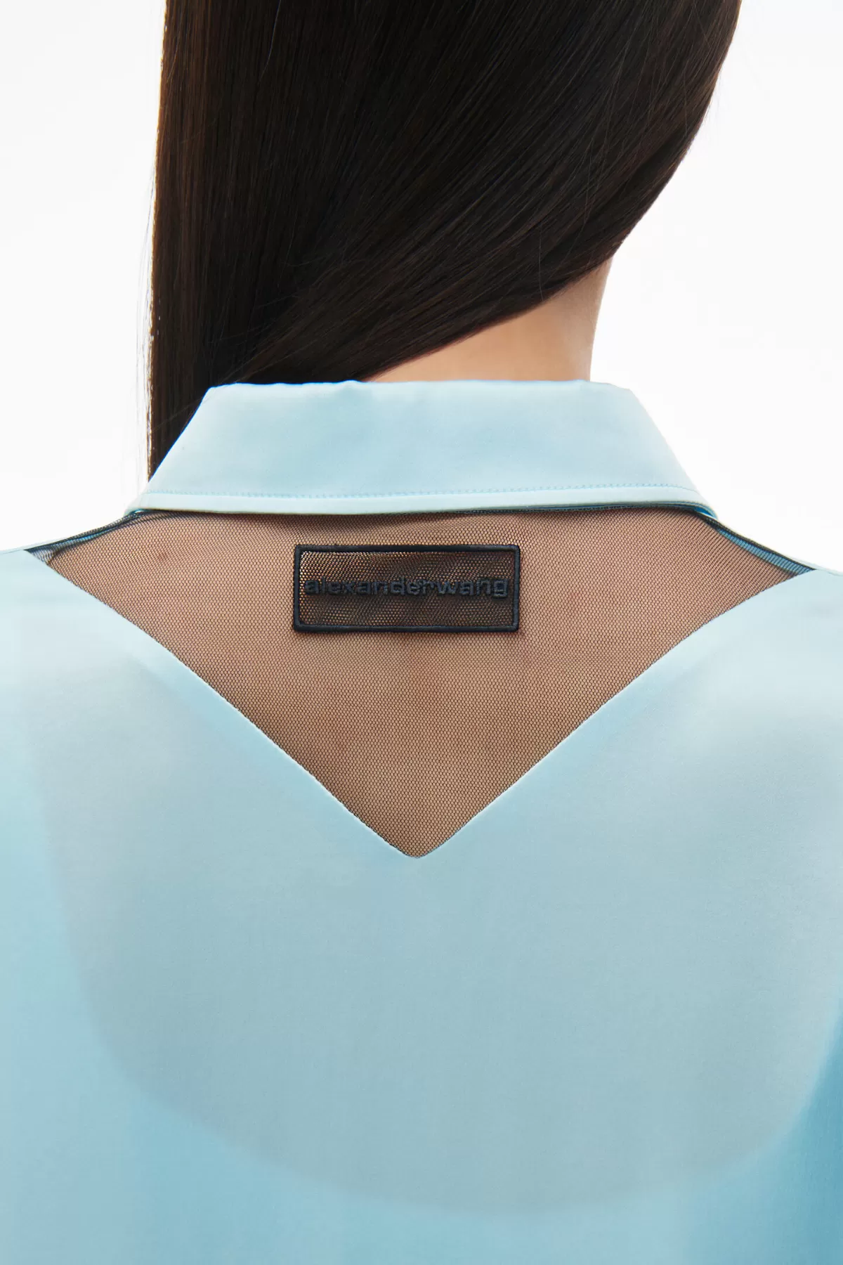 Alexander Wang Oversized Silk Shirt with Logo Cut Out -Shine Blue