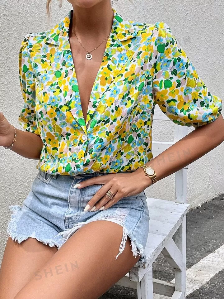 Allover floral print puff sleeve shirt