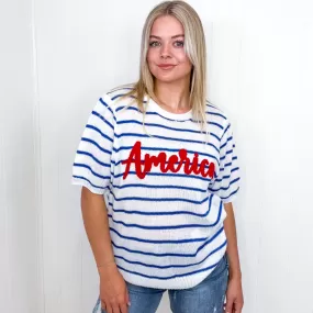 America Proud Blue Striped Embroidered Puff Sleeve Sweater Knit Top