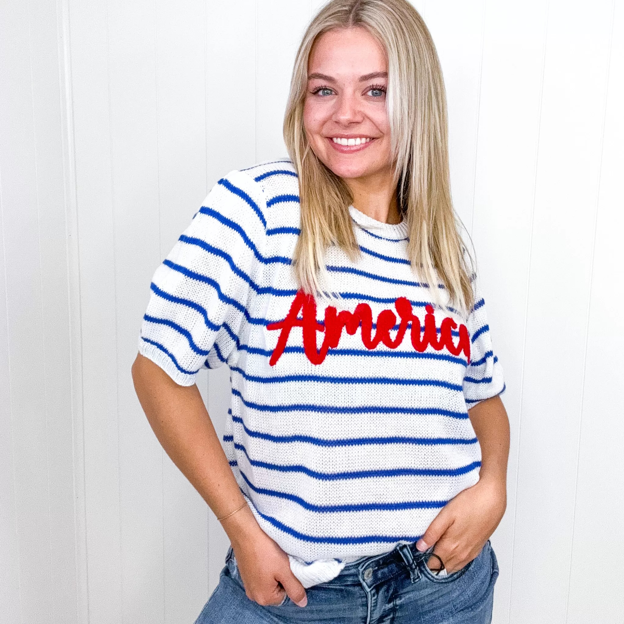 America Proud Blue Striped Embroidered Puff Sleeve Sweater Knit Top