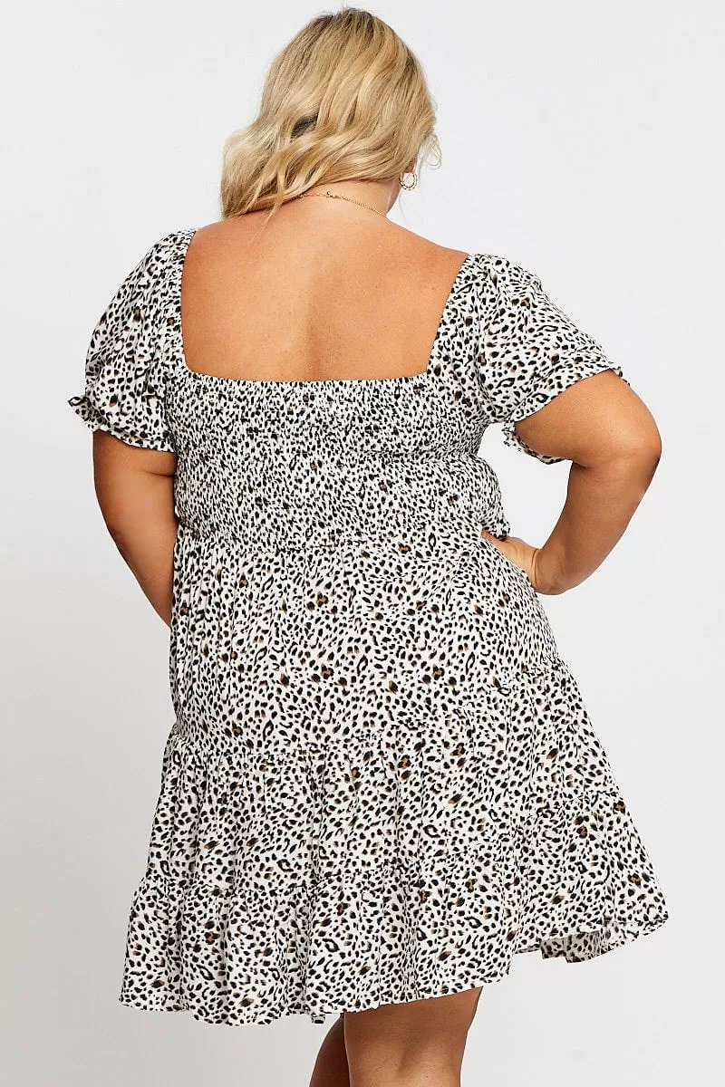 Animal Print Short Puff Sleeve Shirred Bust Dress