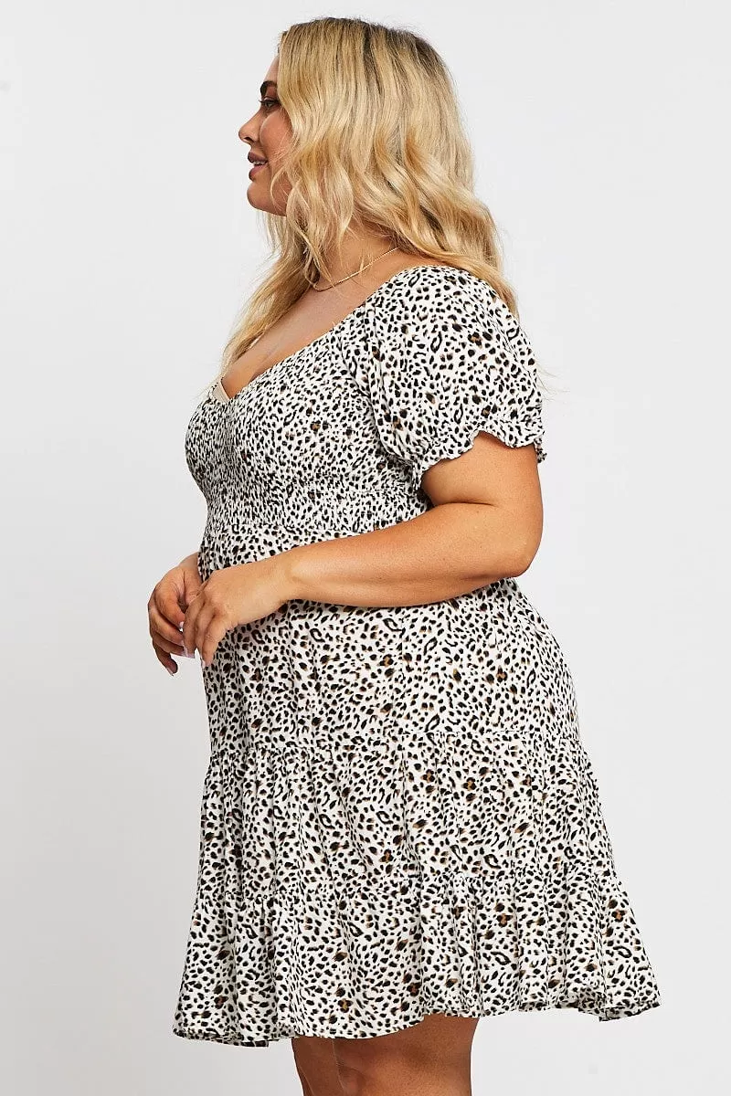 Animal Print Short Puff Sleeve Shirred Bust Dress