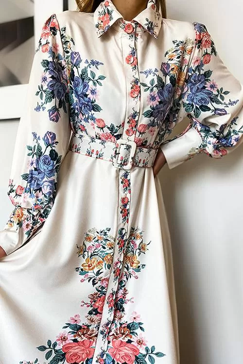 Baroque Floral Print Puff Sleeve Maxi Dress