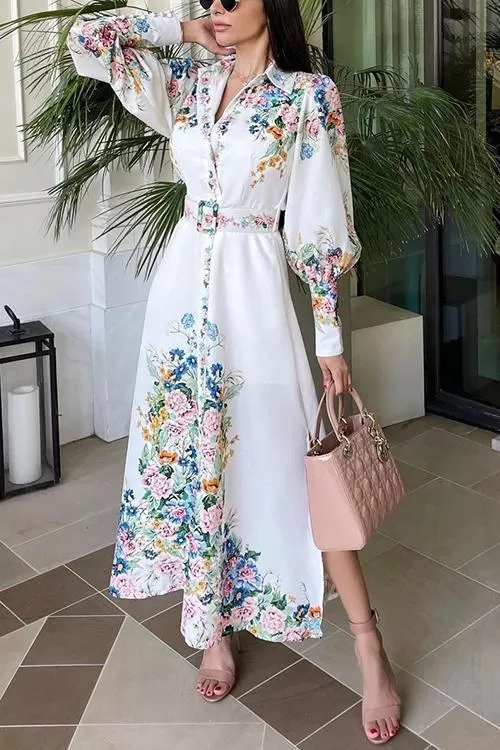 Baroque Floral Print Puff Sleeve Maxi Dress