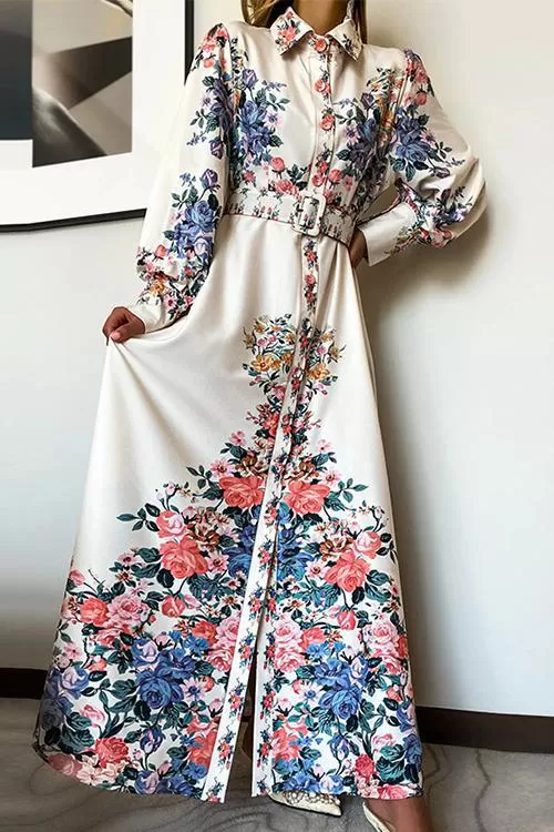 Baroque Floral Print Puff Sleeve Maxi Dress