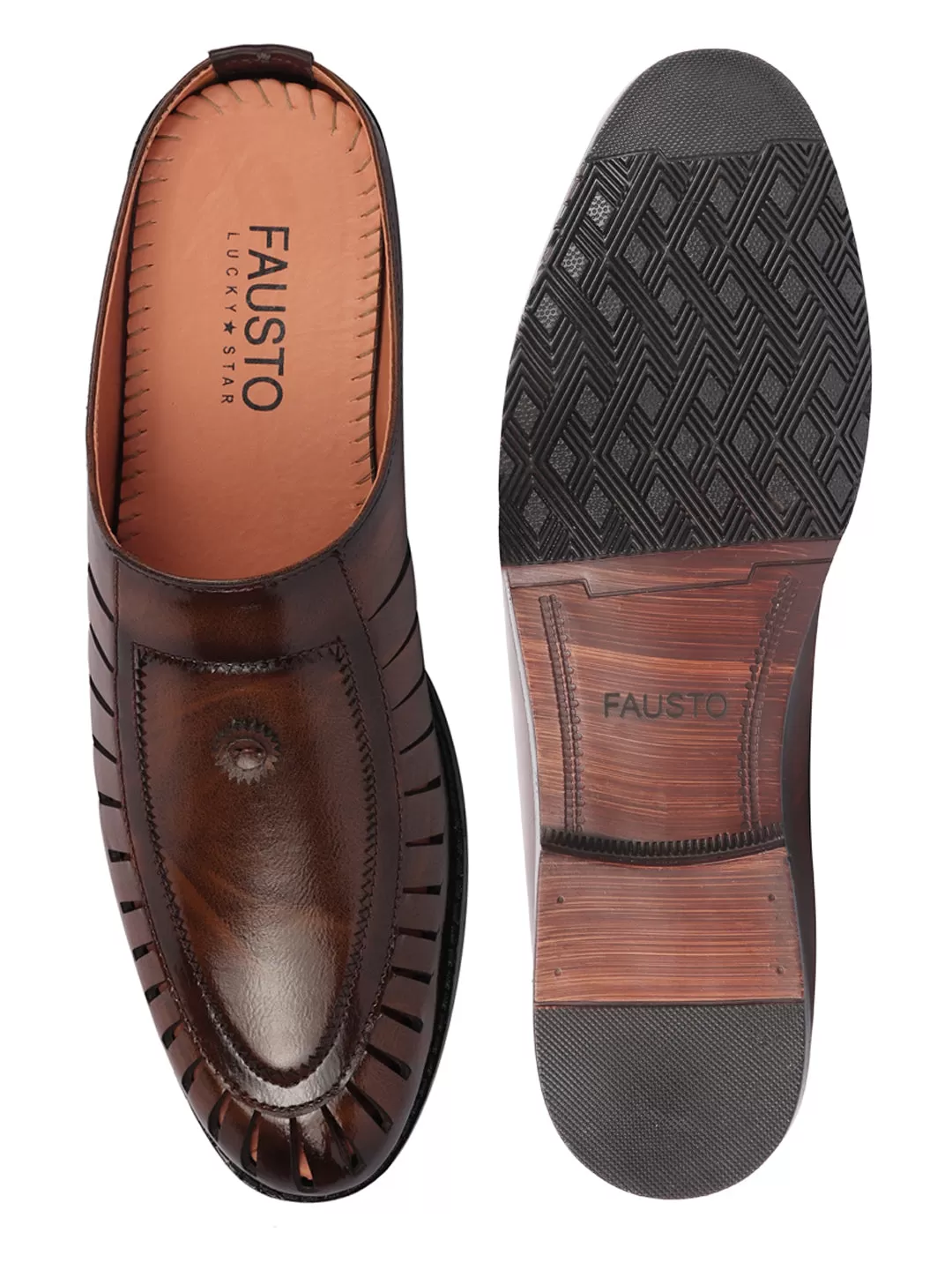 Basics Men Brown Back Open Laser Cut Design Classic Ethnic Slip On Mules