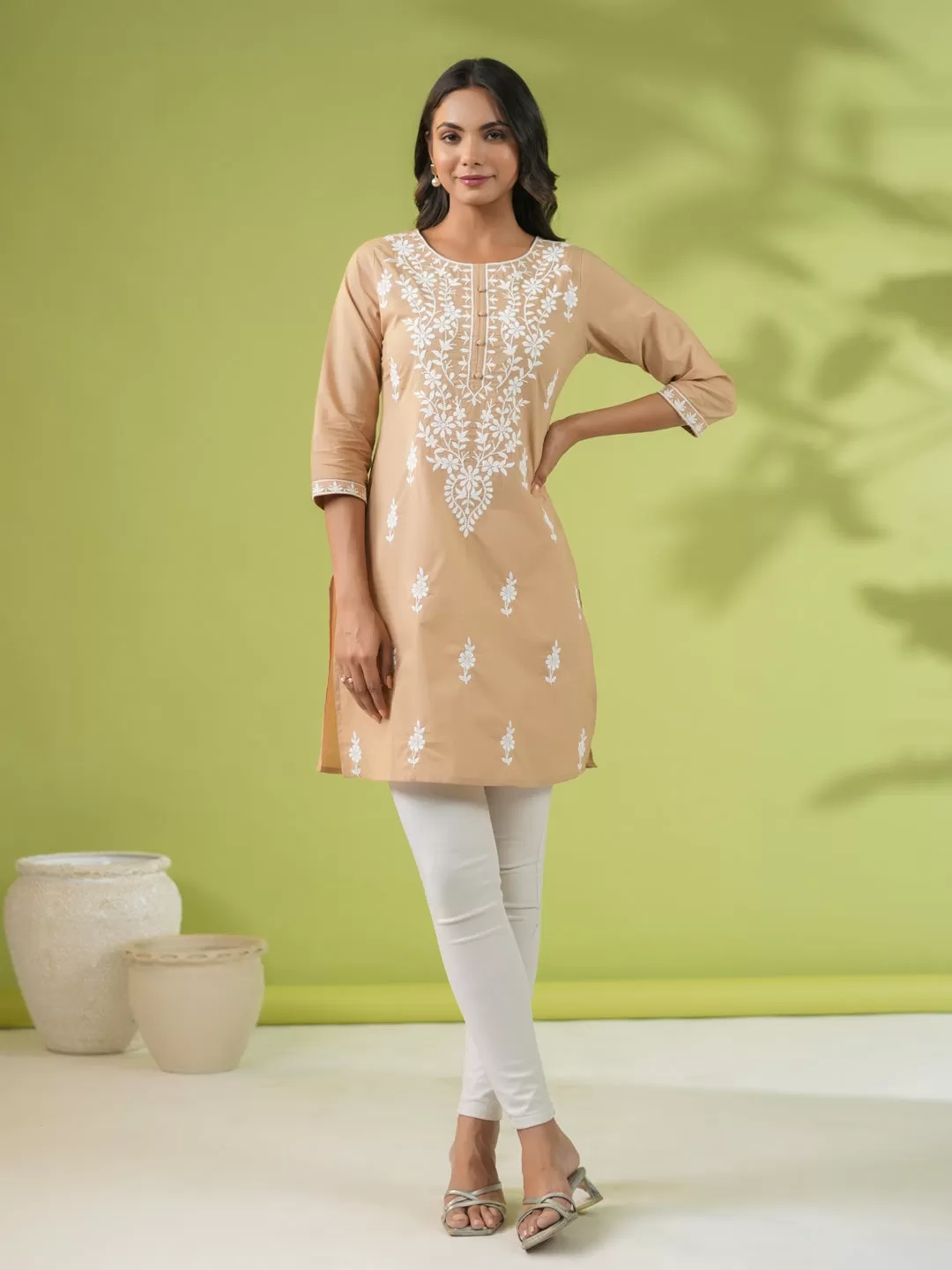 Beige Cotton Chikankari Regular Tunic