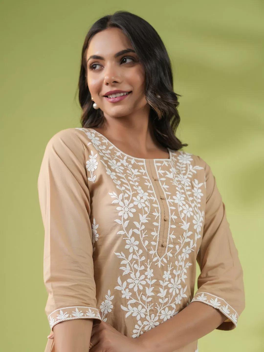 Beige Cotton Chikankari Regular Tunic