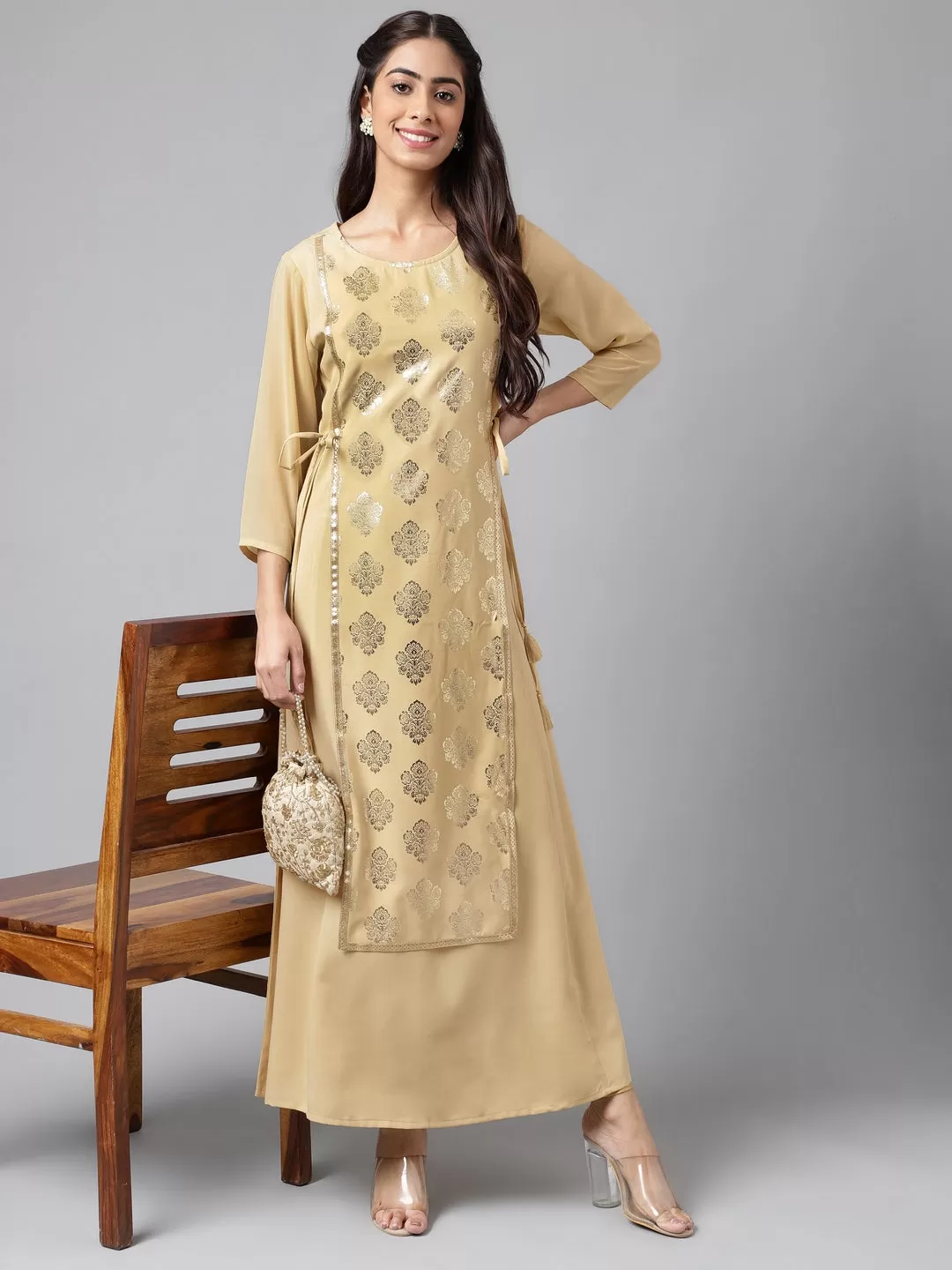 Beige Crepe Embellished A-Line Kurta