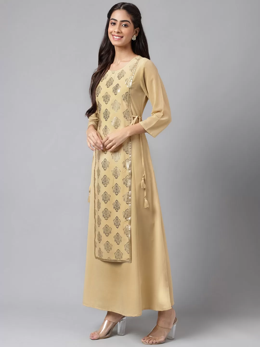 Beige Crepe Embellished A-Line Kurta