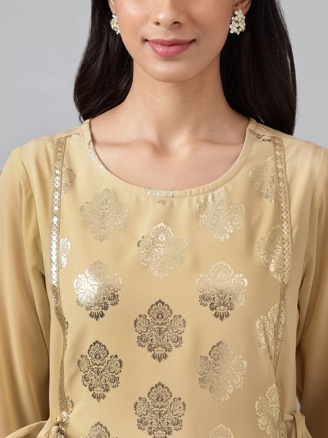 Beige Crepe Embellished A-Line Kurta