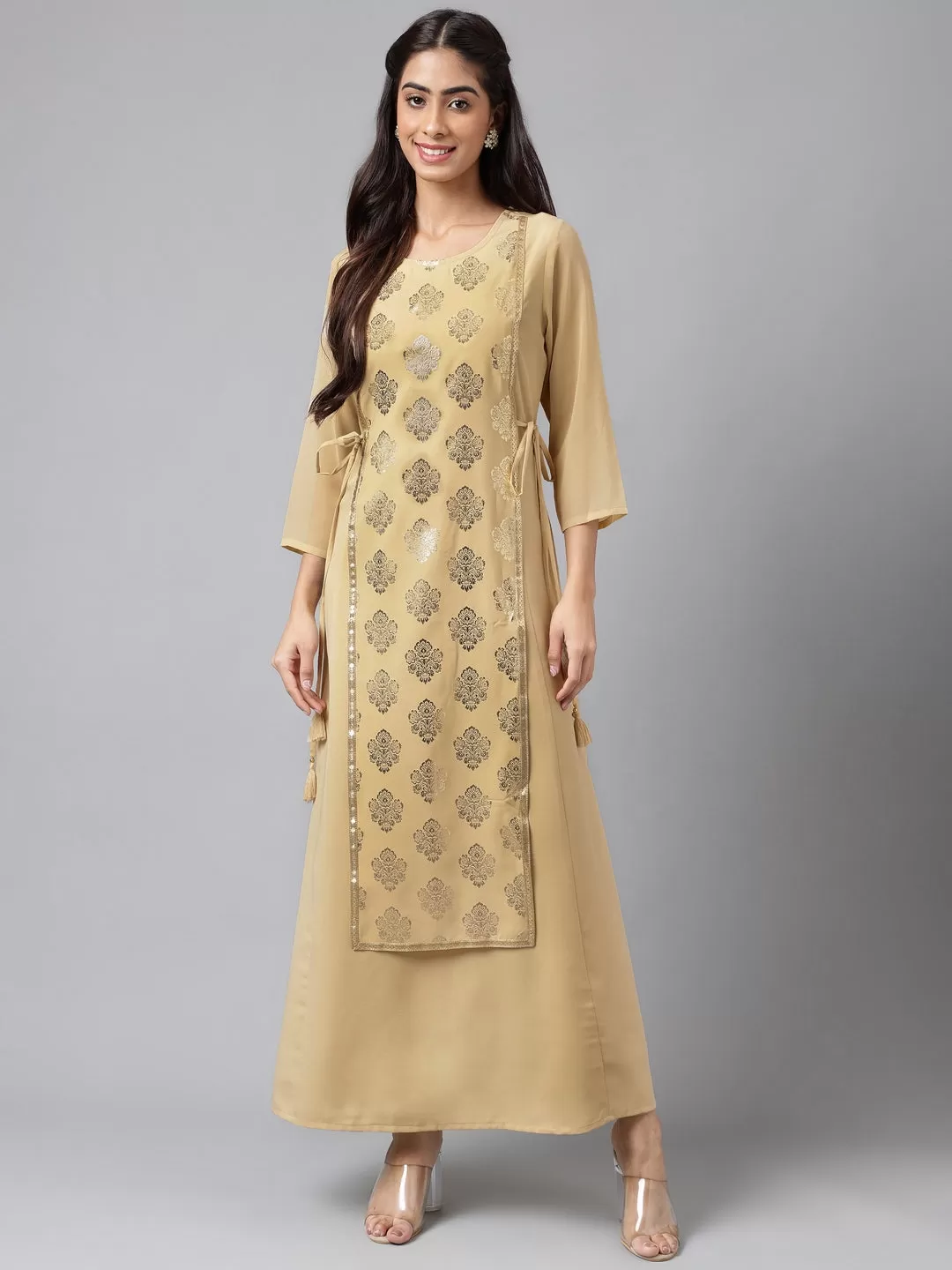 Beige Crepe Embellished A-Line Kurta