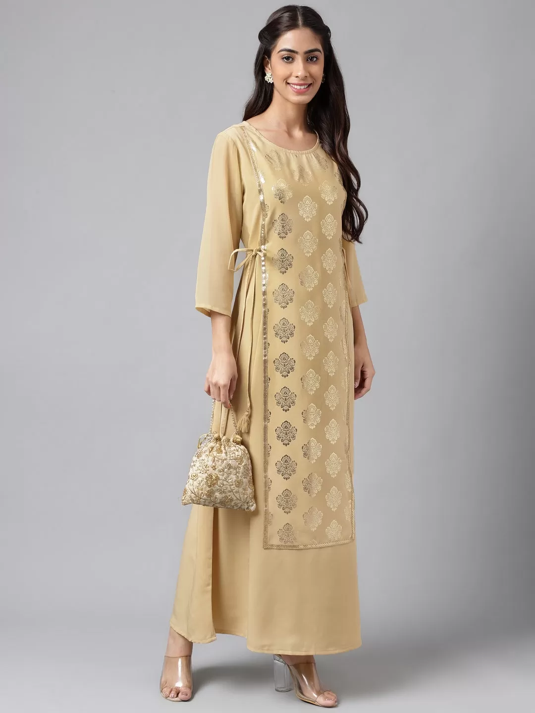 Beige Crepe Embellished A-Line Kurta