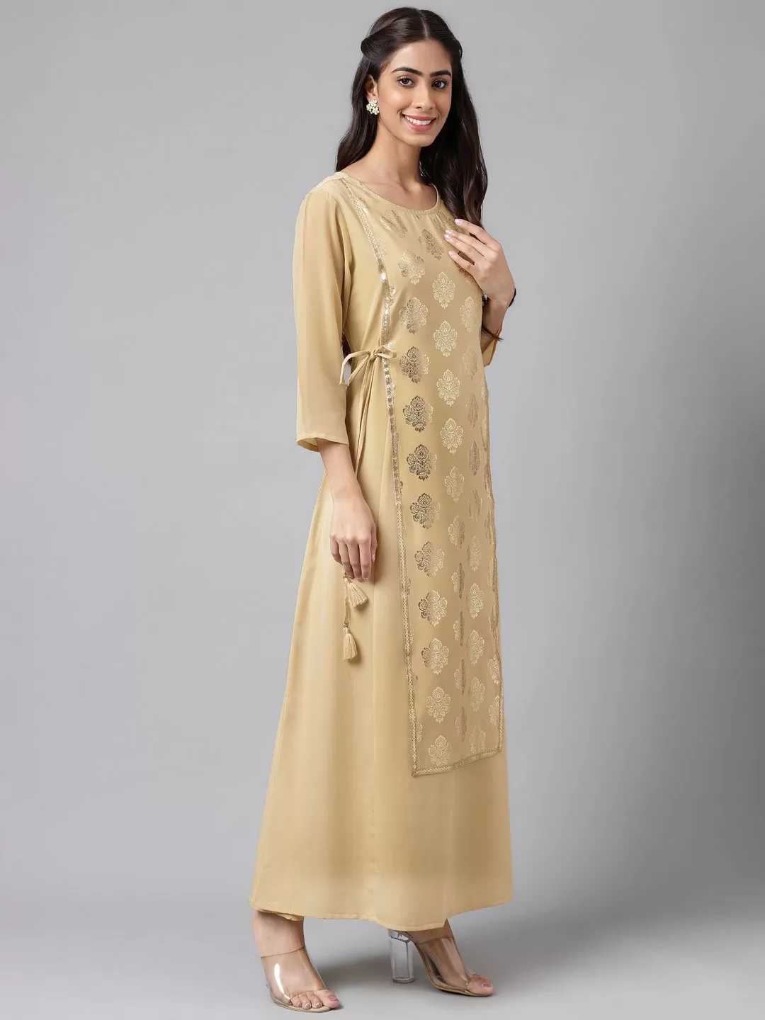 Beige Crepe Embellished A-Line Kurta