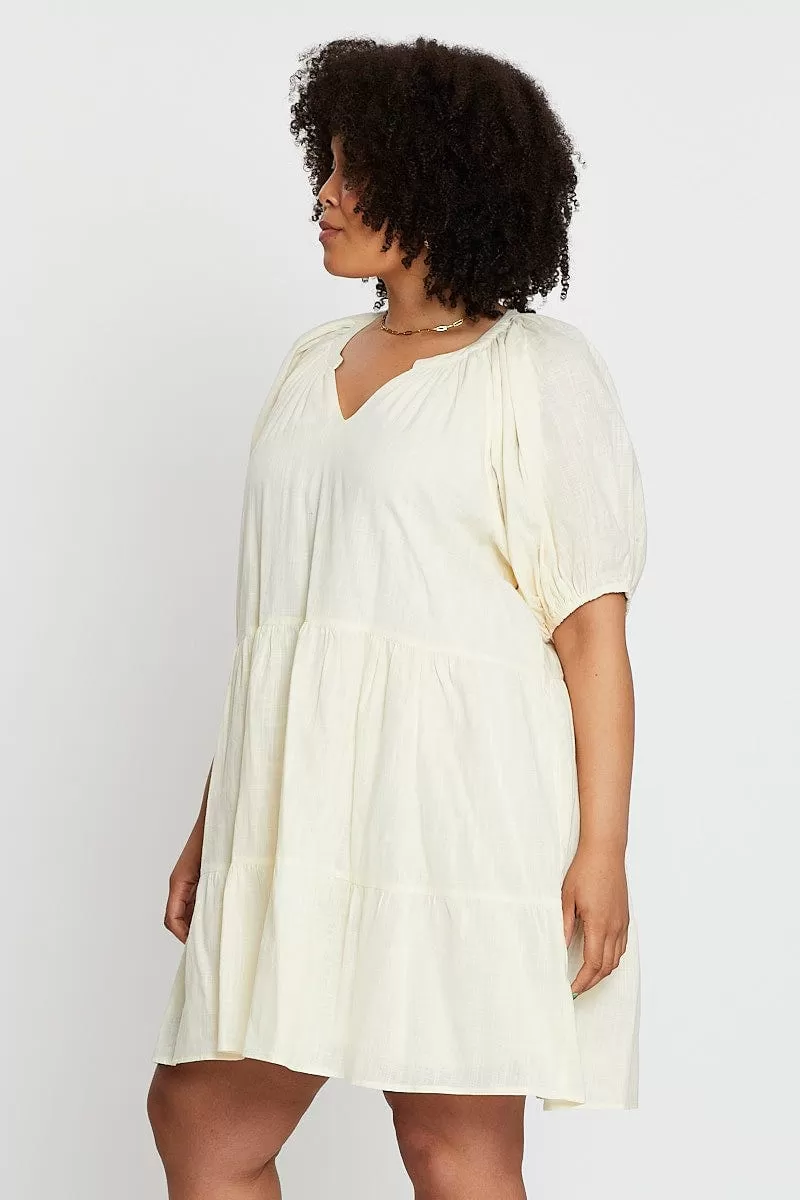 Beige Puff 3/4 Sleeve Textured Cotton Oatmea Layer Dress