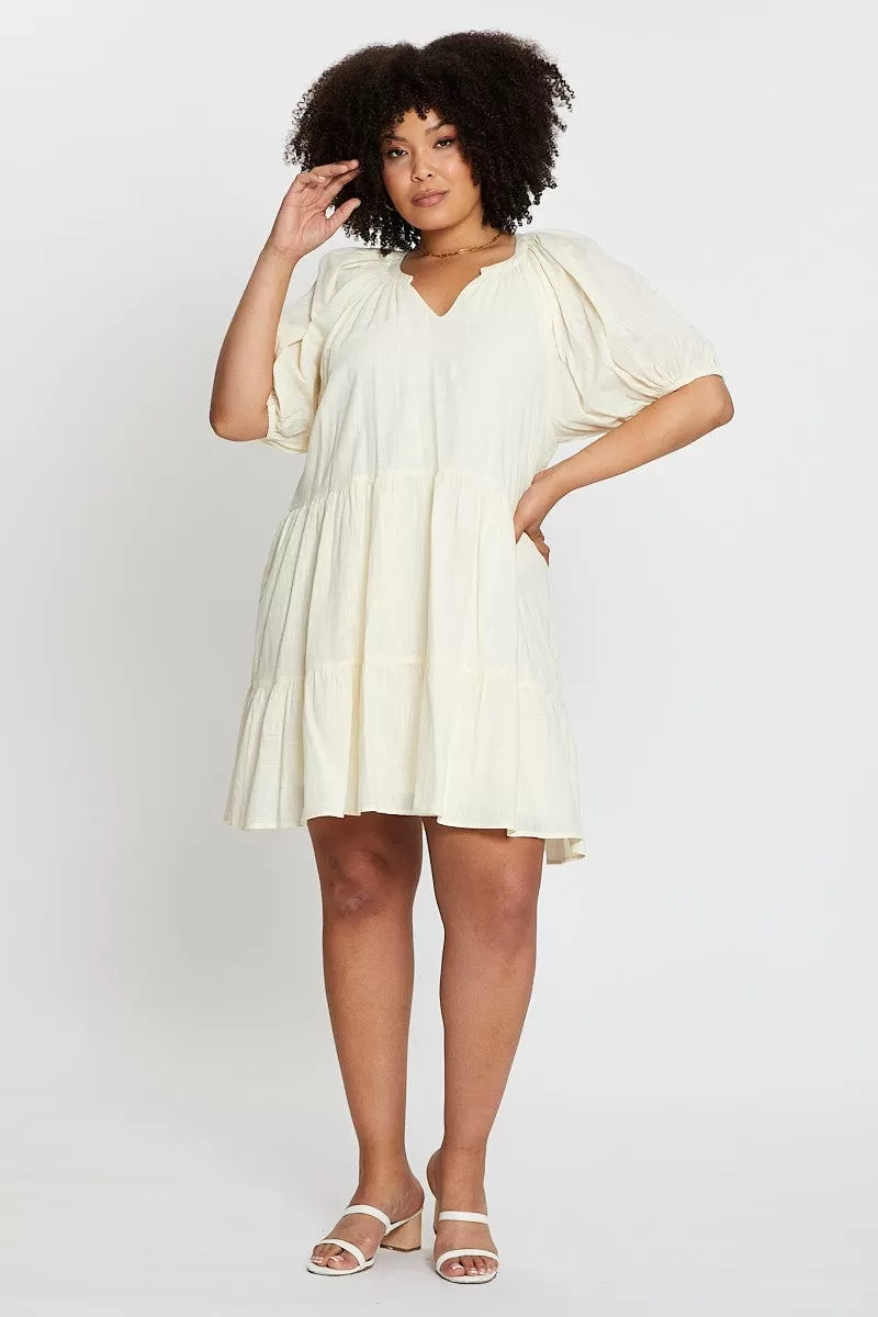 Beige Puff 3/4 Sleeve Textured Cotton Oatmea Layer Dress